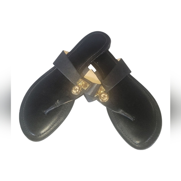 Michael Kors Black Leather Hamilton Women's Sandals with Gold MK Locket 8M/38.5 - Picture 4 of 11